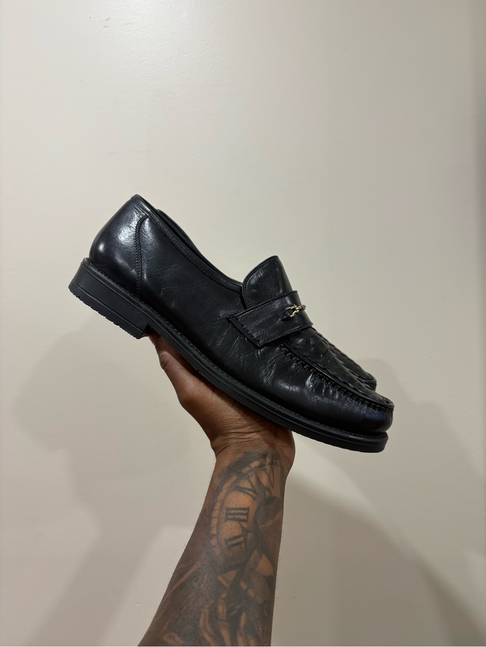 Vintage Leather Woven Penny Loafers